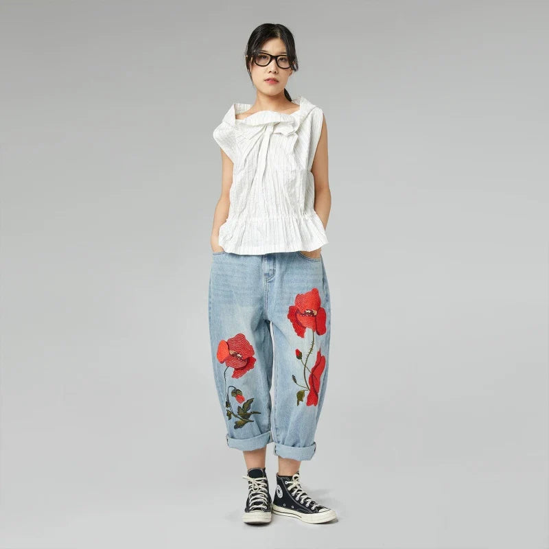 BAGGY JEANS Wendy Trendy z haftem w maki